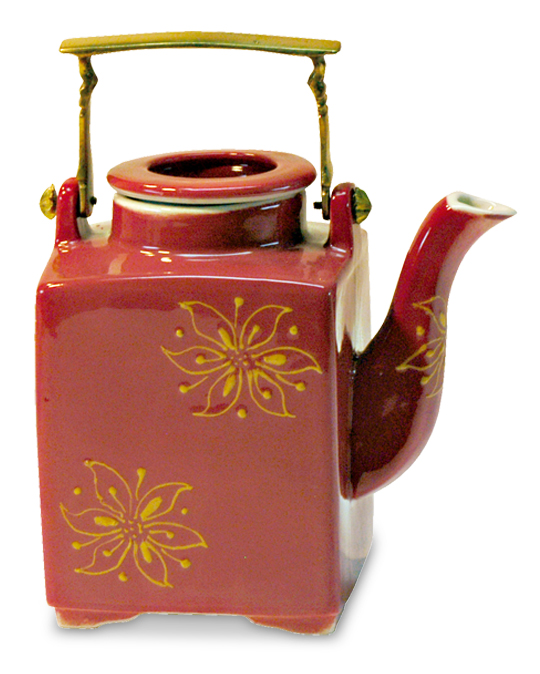 Teapot 600 ml Flower On Red Square With Brass Handle