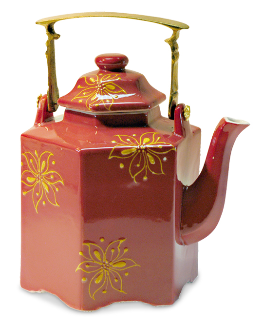 Teapot 1500 ml Flower On Red Hexagonal With Brass Handle